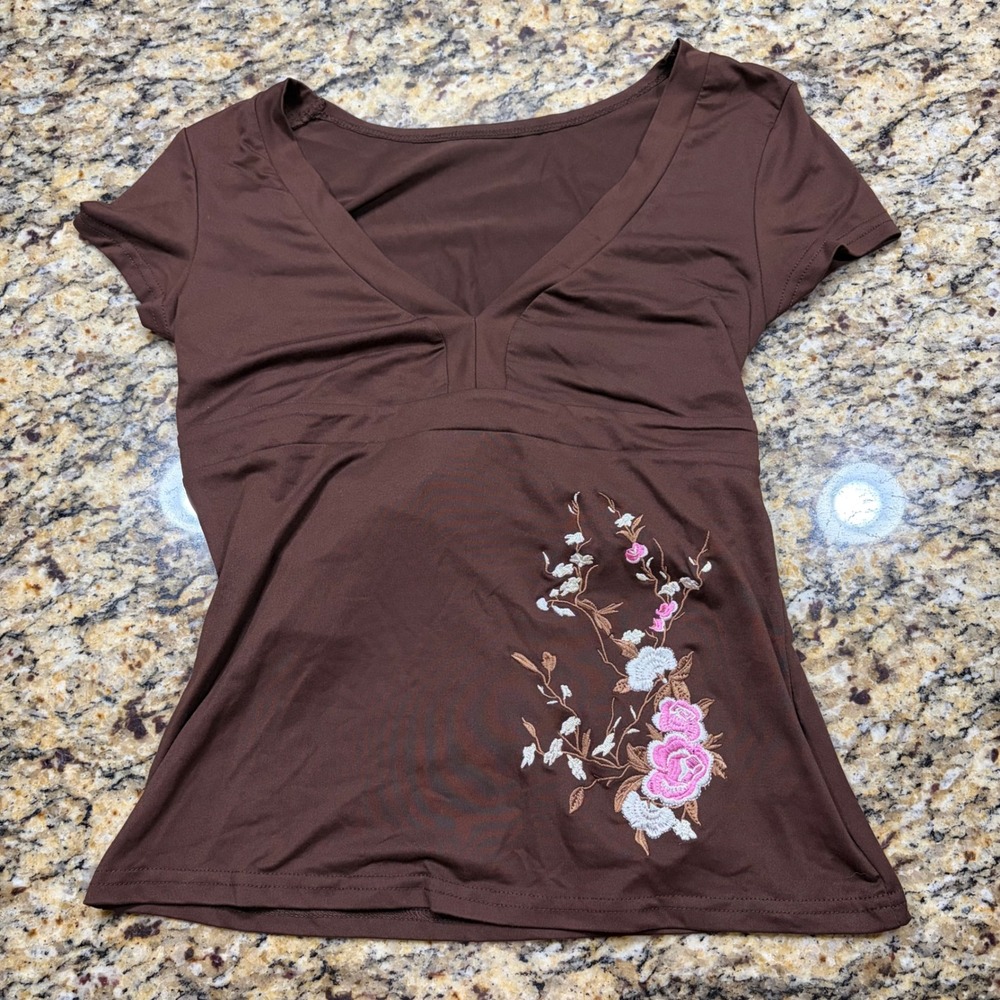 Brown Floral Embroidered V-Neck Empire Waist Tie Back Short Sleeve Top Large v